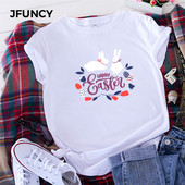 JFUNCY sieviešu topi Kokvilnas T-krekls Vasaras īsām piedurknēm Lielizmēra Tkrekls Priecīgas Lieldienu apdrukas Ikdienas brīvi sieviešu T-krekli