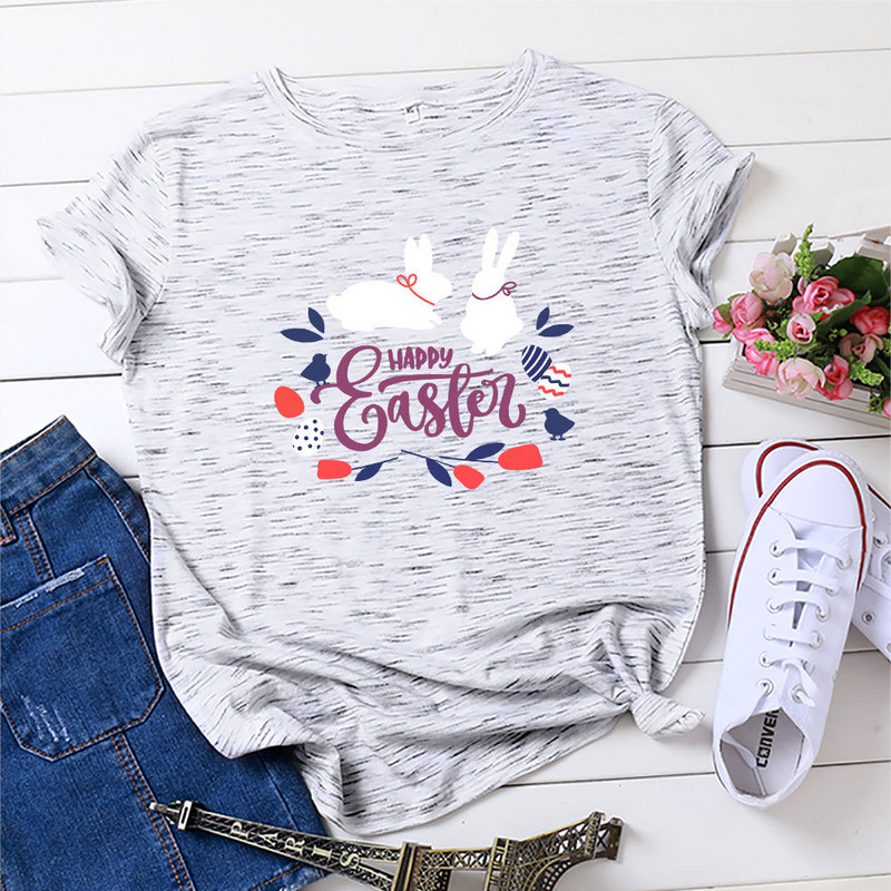 JFUNCY sieviešu topi Kokvilnas T-krekls Vasaras īsām piedurknēm Lielizmēra Tkrekls Priecīgas Lieldienu apdrukas Ikdienas brīvi sieviešu T-krekli