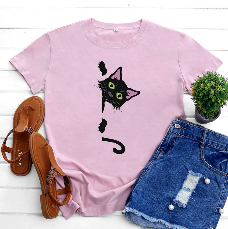 JFUNCY Lielizmēra sieviešu T-krekls Kokvilnas Tops 2022 Sieviešu pavasara vasaras krekls ar īsām piedurknēm T-krekls Kawaii Cat Graphic T krekli