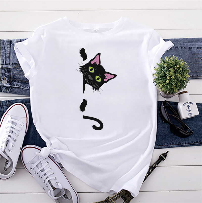 JFUNCY Lielizmēra sieviešu T-krekls Kokvilnas Tops 2022 Sieviešu pavasara vasaras krekls ar īsām piedurknēm T-krekls Kawaii Cat Graphic T krekli