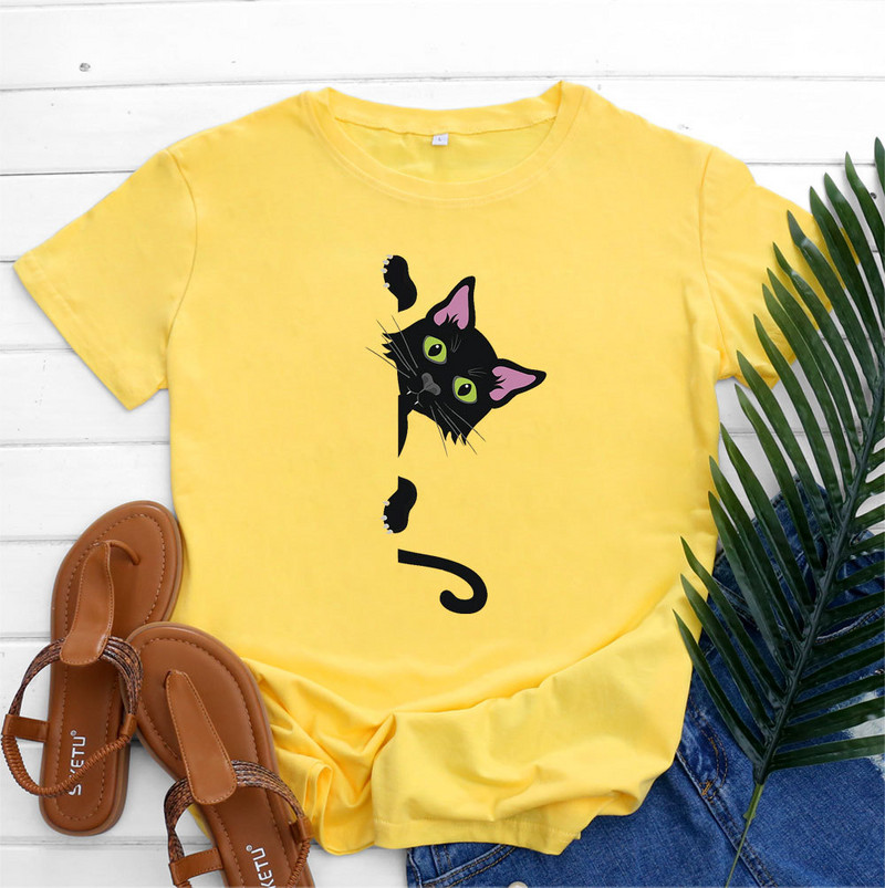 JFUNCY Lielizmēra sieviešu T-krekls Kokvilnas Tops 2022 Sieviešu pavasara vasaras krekls ar īsām piedurknēm T-krekls Kawaii Cat Graphic T krekli