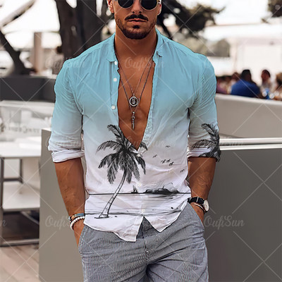 2022 meeste särgid Hawaii pikkade varrukatega särgid Coconut Tree Graphic Print Beach Casual Tops 5XL Suured T-särgid Meeste riided