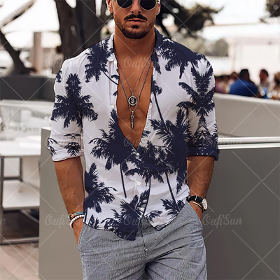 2022. gada vīriešu krekli Havaju salu krekli ar garām piedurknēm, kokosriekstu koka grafiskā apdruka, pludmales ikdienas topi 5 XL lielizmēra T-krekli vīriešu apģērbi
