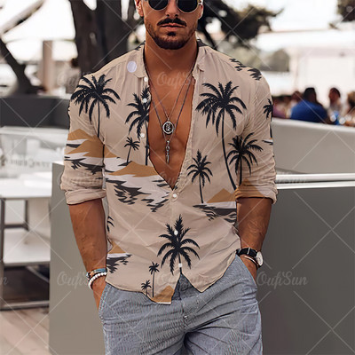 2022. gada vīriešu krekli Havaju salu krekli ar garām piedurknēm, kokosriekstu koka grafiskā apdruka, pludmales ikdienas topi 5 XL lielizmēra T-krekli vīriešu apģērbi