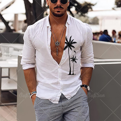 2022. gada vīriešu krekli Havaju salu krekli ar garām piedurknēm, kokosriekstu koka grafiskā apdruka, pludmales ikdienas topi 5 XL lielizmēra T-krekli vīriešu apģērbi