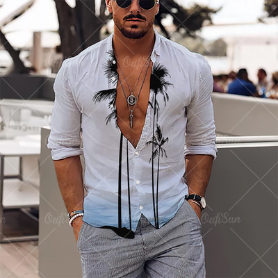 2022. gada vīriešu krekli Havaju salu krekli ar garām piedurknēm, kokosriekstu koka grafiskā apdruka, pludmales ikdienas topi 5 XL lielizmēra T-krekli vīriešu apģērbi