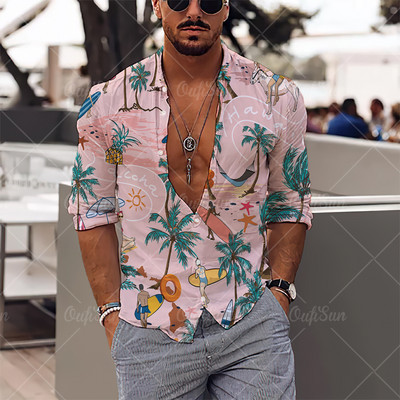 2022. gada vīriešu krekli Havaju salu krekli ar garām piedurknēm, kokosriekstu koka grafiskā apdruka, pludmales ikdienas topi 5 XL lielizmēra T-krekli vīriešu apģērbi