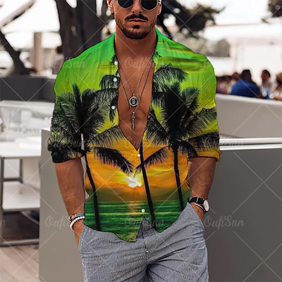 2022. gada vīriešu krekli Havaju salu krekli ar garām piedurknēm, kokosriekstu koka grafiskā apdruka, pludmales ikdienas topi 5 XL lielizmēra T-krekli vīriešu apģērbi