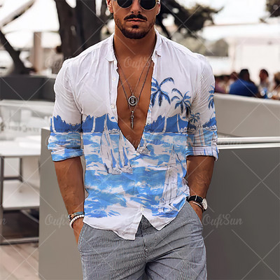 2022. gada vīriešu krekli Havaju salu krekli ar garām piedurknēm, kokosriekstu koka grafiskā apdruka, pludmales ikdienas topi 5 XL lielizmēra T-krekli vīriešu apģērbi