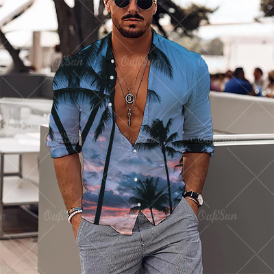 2022. gada vīriešu krekli Havaju salu krekli ar garām piedurknēm, kokosriekstu koka grafiskā apdruka, pludmales ikdienas topi 5 XL lielizmēra T-krekli vīriešu apģērbi