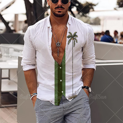 2022. gada vīriešu krekli Havaju salu krekli ar garām piedurknēm, kokosriekstu koka grafiskā apdruka, pludmales ikdienas topi 5 XL lielizmēra T-krekli vīriešu apģērbi