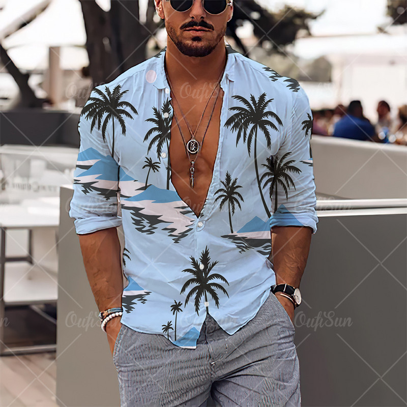 2022. gada vīriešu krekli Havaju salu krekli ar garām piedurknēm, kokosriekstu koka grafiskā apdruka, pludmales ikdienas topi 5 XL lielizmēra T-krekli vīriešu apģērbi