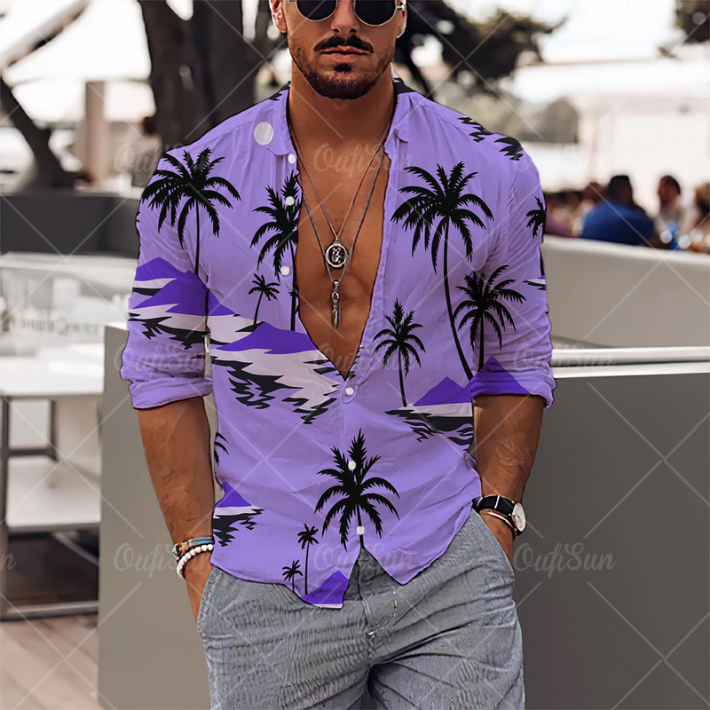 2022. gada vīriešu krekli Havaju salu krekli ar garām piedurknēm, kokosriekstu koka grafiskā apdruka, pludmales ikdienas topi 5 XL lielizmēra T-krekli vīriešu apģērbi