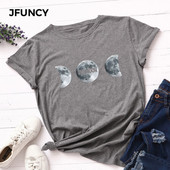 JFUNCY Vasara 100% kokvilnas sieviešu T krekls Moon Print Tees Topi Īsām piedurknēm Sieviešu T-krekls Ikdienišķs, brīvs sieviešu krekls