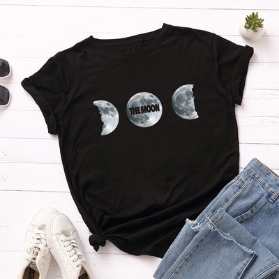 JFUNCY Vasara 100% kokvilnas sieviešu T krekls Moon Print Tees Topi Īsām piedurknēm Sieviešu T-krekls Ikdienišķs, brīvs sieviešu krekls