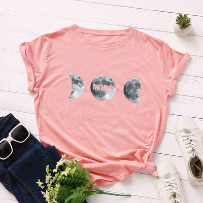 JFUNCY Vasara 100% kokvilnas sieviešu T krekls Moon Print Tees Topi Īsām piedurknēm Sieviešu T-krekls Ikdienišķs, brīvs sieviešu krekls