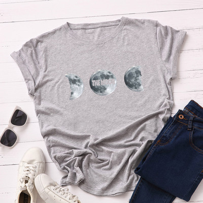 JFUNCY Vasara 100% kokvilnas sieviešu T krekls Moon Print Tees Topi Īsām piedurknēm Sieviešu T-krekls Ikdienišķs, brīvs sieviešu krekls