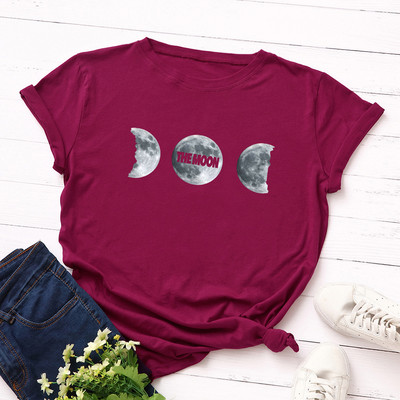 JFUNCY Vasara 100% kokvilnas sieviešu T krekls Moon Print Tees Topi Īsām piedurknēm Sieviešu T-krekls Ikdienišķs, brīvs sieviešu krekls