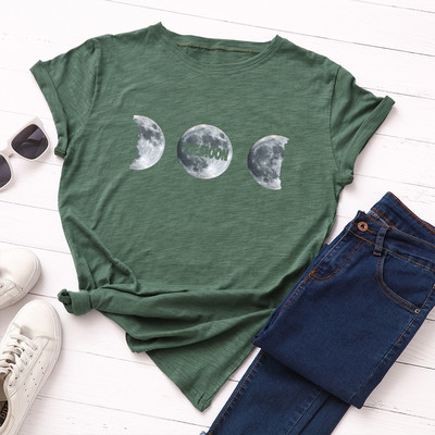 JFUNCY Vasara 100% kokvilnas sieviešu T krekls Moon Print Tees Topi Īsām piedurknēm Sieviešu T-krekls Ikdienišķs, brīvs sieviešu krekls
