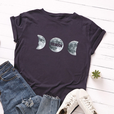 JFUNCY Vasara 100% kokvilnas sieviešu T krekls Moon Print Tees Topi Īsām piedurknēm Sieviešu T-krekls Ikdienišķs, brīvs sieviešu krekls