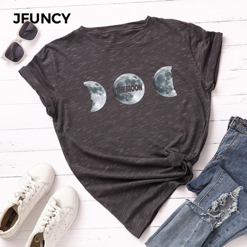 JFUNCY Vasara 100% kokvilnas sieviešu T krekls Moon Print Tees Topi Īsām piedurknēm Sieviešu T-krekls Ikdienišķs, brīvs sieviešu krekls
