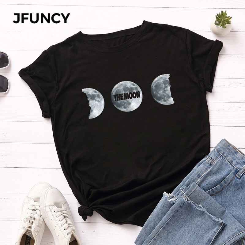 JFUNCY Vasara 100% kokvilnas sieviešu T krekls Moon Print Tees Topi Īsām piedurknēm Sieviešu T-krekls Ikdienišķs, brīvs sieviešu krekls