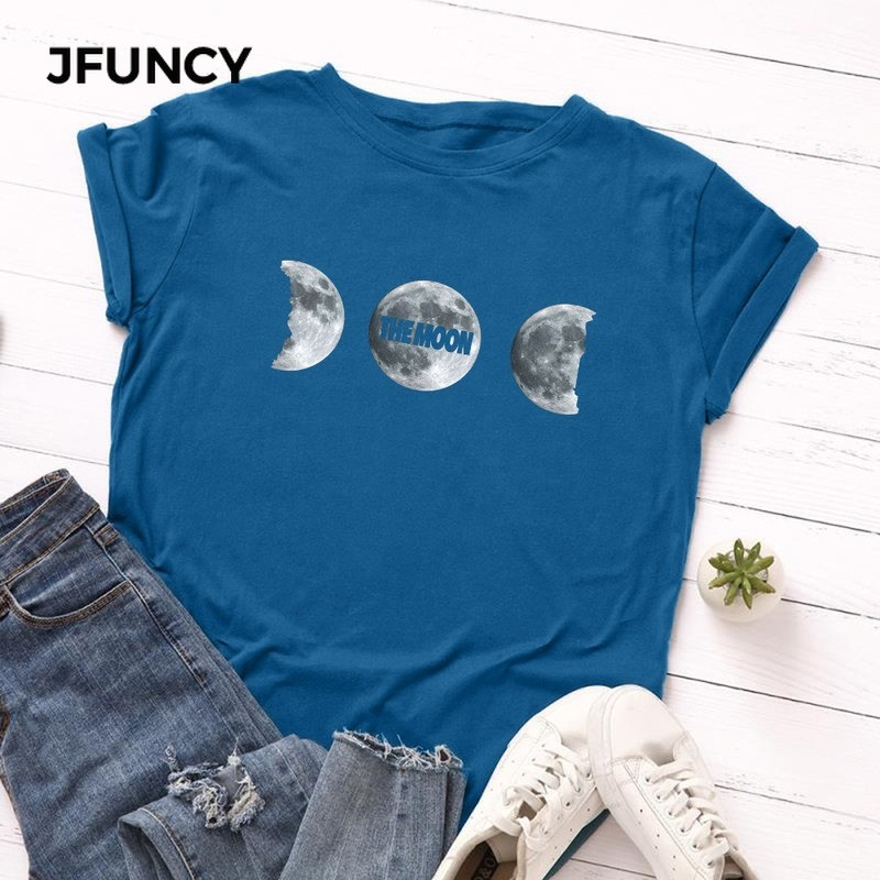 JFUNCY Vasara 100% kokvilnas sieviešu T krekls Moon Print Tees Topi Īsām piedurknēm Sieviešu T-krekls Ikdienišķs, brīvs sieviešu krekls