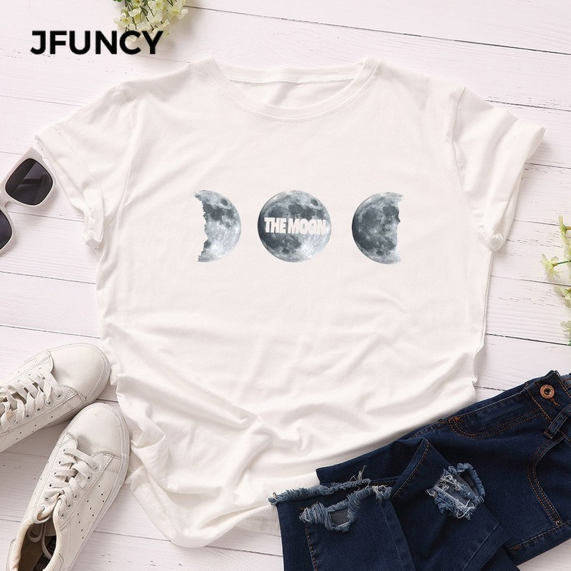JFUNCY Vasara 100% kokvilnas sieviešu T krekls Moon Print Tees Topi Īsām piedurknēm Sieviešu T-krekls Ikdienišķs, brīvs sieviešu krekls