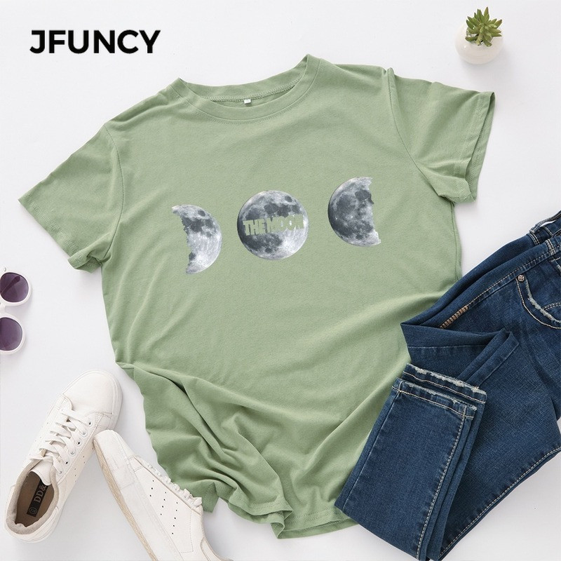 JFUNCY Vasara 100% kokvilnas sieviešu T krekls Moon Print Tees Topi Īsām piedurknēm Sieviešu T-krekls Ikdienišķs, brīvs sieviešu krekls