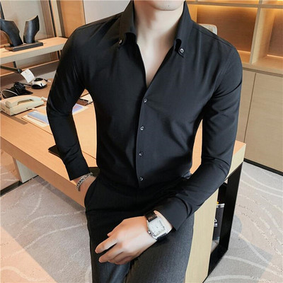 Vīriešu kleita krekls Modes ar garām piedurknēm Biznesa sociālais krekls Vīriešu vienkrāsains poga uz leju apkakle Darba balts melns krekls 4XL