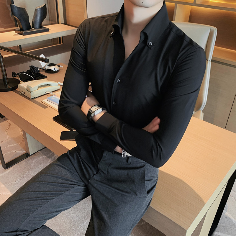 Vīriešu kleita krekls Modes ar garām piedurknēm Biznesa sociālais krekls Vīriešu vienkrāsains poga uz leju apkakle Darba balts melns krekls 4XL