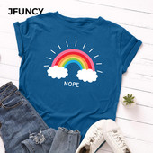 JFUNCY sieviešu T-krekls Rainbow Clouds Print Tops Vasaras 100% kokvilnas sieviešu krekls, brīvi t-krekli Sieviešu ielas apģērba krekls