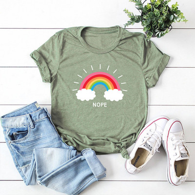 JFUNCY sieviešu T-krekls Rainbow Clouds Print Tops Vasaras 100% kokvilnas sieviešu krekls, brīvi t-krekli Sieviešu ielas apģērba krekls