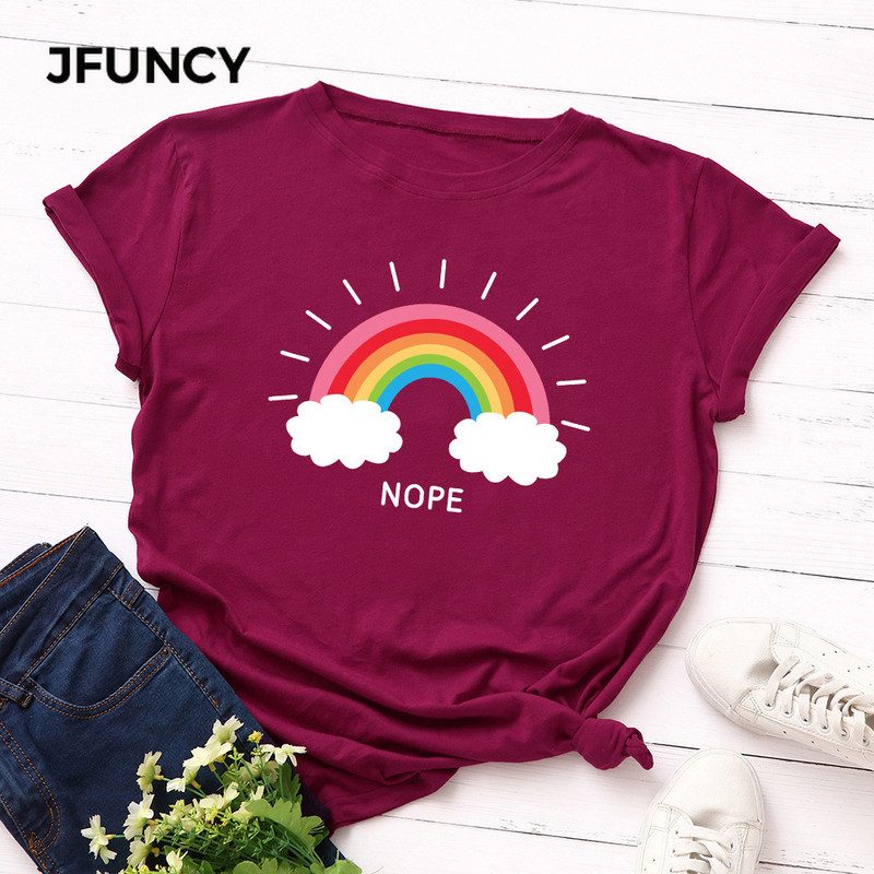 JFUNCY sieviešu T-krekls Rainbow Clouds Print Tops Vasaras 100% kokvilnas sieviešu krekls, brīvi t-krekli Sieviešu ielas apģērba krekls