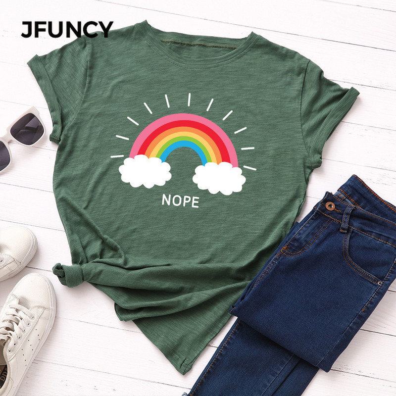 JFUNCY sieviešu T-krekls Rainbow Clouds Print Tops Vasaras 100% kokvilnas sieviešu krekls, brīvi t-krekli Sieviešu ielas apģērba krekls