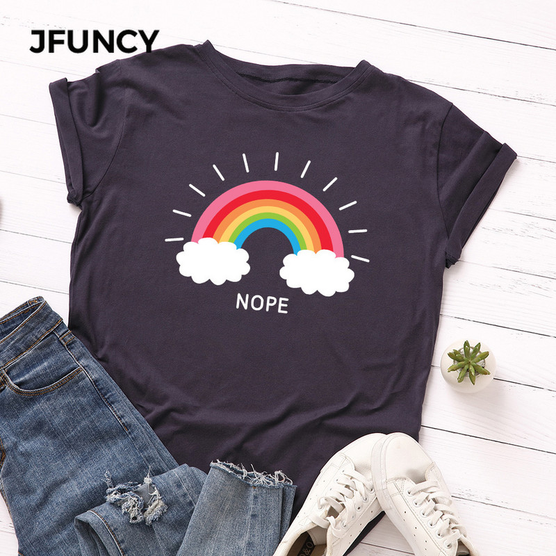 JFUNCY sieviešu T-krekls Rainbow Clouds Print Tops Vasaras 100% kokvilnas sieviešu krekls, brīvi t-krekli Sieviešu ielas apģērba krekls