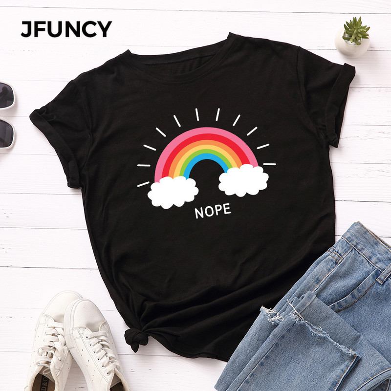 JFUNCY sieviešu T-krekls Rainbow Clouds Print Tops Vasaras 100% kokvilnas sieviešu krekls, brīvi t-krekli Sieviešu ielas apģērba krekls