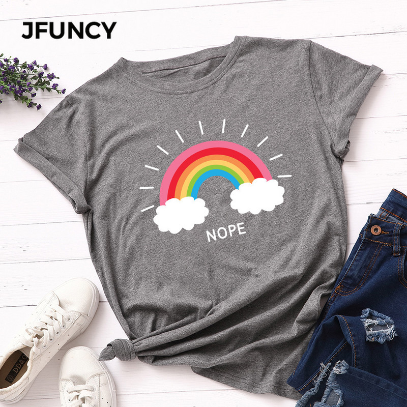 JFUNCY sieviešu T-krekls Rainbow Clouds Print Tops Vasaras 100% kokvilnas sieviešu krekls, brīvi t-krekli Sieviešu ielas apģērba krekls
