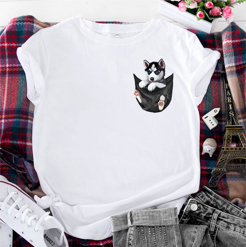 JFUNCY kokvilnas T-krekls ar īsām piedurknēm Sieviešu Tops Vasaras Lielizmēra T-krekls Sieviešu apģērbs Korejiešu modes sieviešu suņu grafiskais krekls