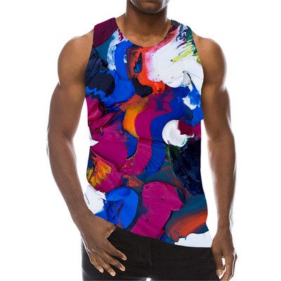 Ar kaklasaiti krāsoti vīriešu topi ar logotipiem vasaras bezpiedurknēm ar 3D gradientu drukas veste brīva ikdienas skriešanas sporta vīriešu augšdaļa, liela izmēra 6XL