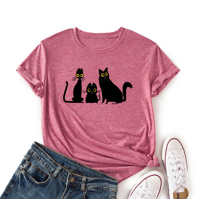 JFUNCY krekls ar īsām piedurknēm Sieviešu kokvilnas T-krekli Smieklīgi multfilmu kaķu apdrukas T-krekls Summer Lady Tops Sieviešu T krekls