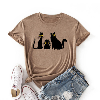 JFUNCY krekls ar īsām piedurknēm Sieviešu kokvilnas T-krekli Smieklīgi multfilmu kaķu apdrukas T-krekls Summer Lady Tops Sieviešu T krekls