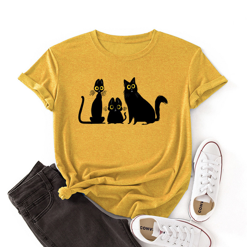 JFUNCY krekls ar īsām piedurknēm Sieviešu kokvilnas T-krekli Smieklīgi multfilmu kaķu apdrukas T-krekls Summer Lady Tops Sieviešu T krekls