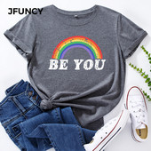 JFUNCY Tricou din bumbac pentru femei, cu litere curcubeu, tricouri largi, cu mânecă scurtă, tricou casual pentru femei, topuri de vară pentru femei