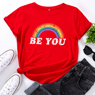 JFUNCY Tricou din bumbac pentru femei, cu litere curcubeu, tricouri largi, cu mânecă scurtă, tricou casual pentru femei, topuri de vară pentru femei