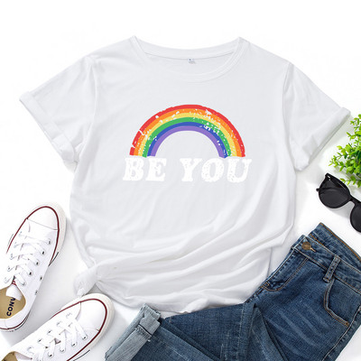 JFUNCY Tricou din bumbac pentru femei, cu litere curcubeu, tricouri largi, cu mânecă scurtă, tricou casual pentru femei, topuri de vară pentru femei