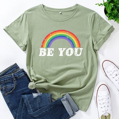 JFUNCY Tricou din bumbac pentru femei, cu litere curcubeu, tricouri largi, cu mânecă scurtă, tricou casual pentru femei, topuri de vară pentru femei