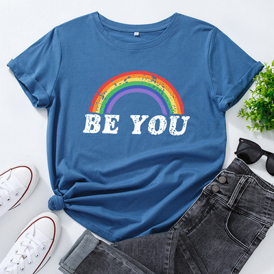 JFUNCY Tricou din bumbac pentru femei, cu litere curcubeu, tricouri largi, cu mânecă scurtă, tricou casual pentru femei, topuri de vară pentru femei