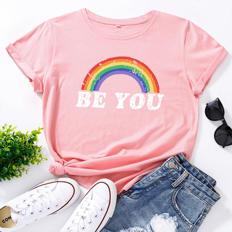 JFUNCY Tricou din bumbac pentru femei, cu litere curcubeu, tricouri largi, cu mânecă scurtă, tricou casual pentru femei, topuri de vară pentru femei