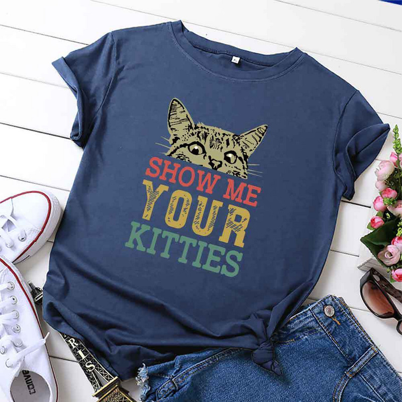 JFUNCY sieviešu topi Kokvilnas T-krekls Vasaras īsām piedurknēm Lielizmēra Tkrekls Kitties Print Ikdienas brīvi sieviešu T-krekli